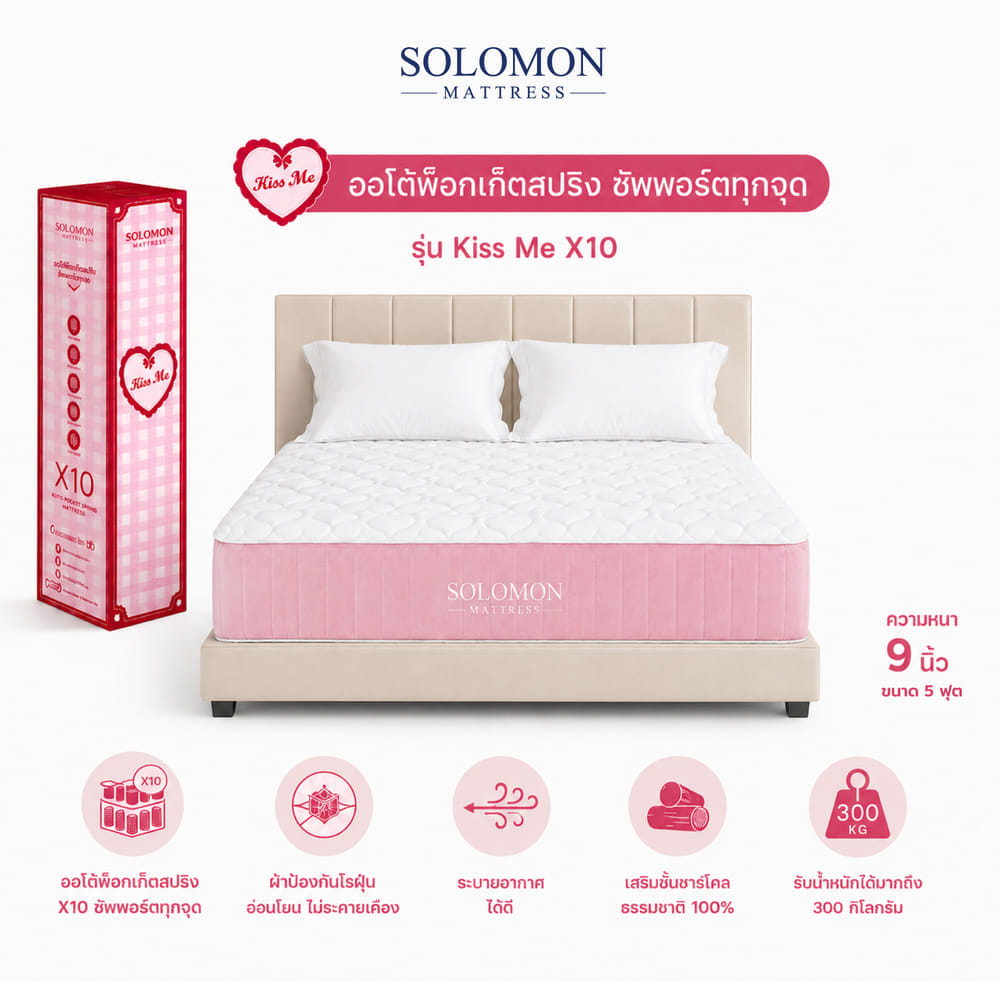ที่นอนเย็นพ็อกเก็ตสปริง 5 ฟุต SOLOMON รุ่น KISS ME หนา 10 นิ้ว รับประกัน 1 ปี